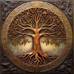 a painting of a tree with leaves and branches on it's sides, in a gold frame