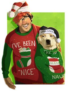 a man and his dog wearing christmas sweaters