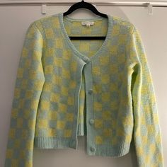 Cropped Checkered Cardigan Aqua And Lime Super Soft! Never Worn Funky Cardigans, Checkered Cardigan, Checkered Sweater, Yellow Checkered, Stuffed Green Peppers, Heel Boots, High Heel Boots, Costume Design, Blue Yellow