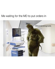 a man dressed as a creature standing in front of a computer monitor with the caption me waiting for the md to put orders in