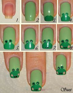 Frog Nail Design -photo  tutorial (looks more like an Angry Birds pig though) Frog Nail Art, Pig Nails, Nailart Tutorial, Kutek Disney, Animal Nail Art, Diy Fashion Projects, Nail Designs Tutorial, Heart Nail, Animal Nails