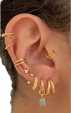 a woman's ear with several different types of piercings