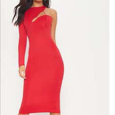 Sexy Red Asymmetrical Dress. Stretchy Very Fitted Party One Shoulder Dress With Asymmetrical Neckline, One Shoulder Dress With Cutout For Party, Asymmetrical One Shoulder Dress For Party With Cutout, Asymmetrical Neckline Midi Dress With Cutout For Date Night, Fitted Asymmetrical Midi Dress With Cutout, Red Mini Dress With Asymmetrical Neckline For Party, Party Midi Dress With Asymmetrical Neckline And Cutout, Midi Party Dress With Asymmetrical Neckline And Cutout, Midi Dress With Asymmetrical Neckline And Cutout For Party