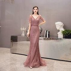 Women's Sexy Evening Dress Beaded Mermaid Prom Dresses Long V-Neck Formal Dresses for Women - numbersea Gaun Tulle, Dress Brokat Modern, Model Dress Kebaya, Evening Dress Beaded, Purple Evening Dress, Beaded Evening Gowns, Dress Pesta, Prom Dresses Long Mermaid, Prom Dresses With Pockets