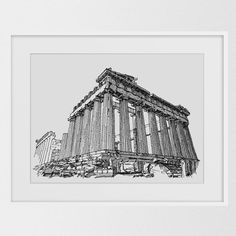 a black and white drawing of the part of an ancient greek temple with columns on it