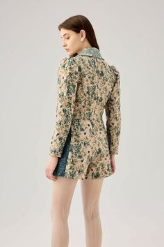 Material: 100% Jacquard Chic Beige Floral Print Outerwear, Jacquard Outerwear For Winter Workwear, Winter Workwear Jacquard Outerwear, Winter Jacquard Outerwear For Work, Chic Cotton Cropped Jacket For Winter, Chic Floral Print Fall Blazer, Chic Floral Print Outerwear For Work, Fall Jacquard Blazer For Workwear, Fitted Jacquard Blazer For Spring