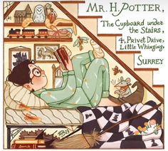 an illustration of a boy laying on his bed reading the book mr potter, the cupboard under the stairs