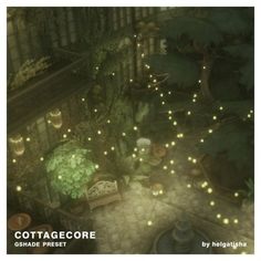 the video game cottage core is shown in this screenshot from above, with lights strung up