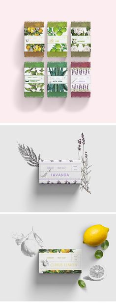 four different types of packaging designs with lemons and leaves on them, all in various colors