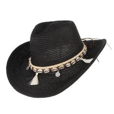 Tasseled Sea Shell Summer Cowboy Hat with Charms-Hats-Innovato Design-Black-Innovato Design Summer Cowboy Hat, Shell Tassels, Summer Cowboy, Cowboy Hats Women, Cowboy Hat Styles, Summer Hats Beach, Summer Straw Hat, Raffia Hat, Types Of Hats