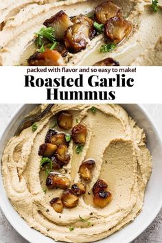 roasted garlic hummus in a white bowl with text overlay