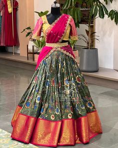 Kalamkari Pattu Lehenga, Kalamkari Lehenga Designs, Kanchi Pattu Lehenga Half Saree, Pattu Lehenga Half Saree, Long Frok, Kalamkari Lehenga, Simple Backdrop, Lehenga And Blouse, Long Blouse Designs