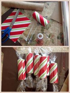 three pictures of candy canes wrapped in cellophane