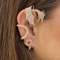 Jewelry Earrings Dragon Ear Jacket Climber Rose Gold Played Sterling Silver 925  #sponsored Luxury Ear Cuff With Matching Earrings As Gift, Luxury Gift Ear Cuff, Ear Sculpture, Ear Wraps, Dragon Ear Cuffs, Snakebites, Dragon Earrings, Gold Dragon, Magical Jewelry