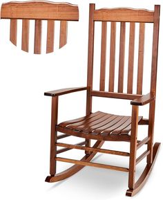 a wooden rocking chair with slatted back and arm rests on an isolated white background