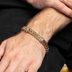 Our signature Venetian style becomes bolder with this new men's bracelet. The double-row box link is accented with twisted bars in a striking two-tone color scheme. Whether at a black-tie event or a casual day out, this bracelet showcases your impeccable taste in timeless luxury. Make this a treasured piece in your collection for years to come. Made in ItalyMetal: 14K Yellow & White GoldLength: 8.5"Width: 12.25 mmClosure: Lobster Clasp Gold Bracelets For Men Unique, Gold Bracelets For Men, Mens Gold Bracelets, Timeless Luxury, Gold Bracelets, Men's Bracelet, Black Tie Event, Mens Gold, Men's Collection