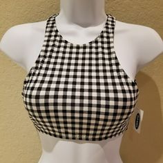 Nwt Gingham Print Swim Top. High Neck. Adorable Open Back With Clasp. Front & Back Shown. Would Even Be Cute As A Top!! Fully Lined. Padded Cups. Size Small Or Xsmall (Xs). Super Cute Swim Top. Size Xsmall Pictured. Fitted Gingham Sleeveless Swimwear, Fitted Sleeveless Gingham Swimwear, Fitted White Houndstooth Top, Casual Fitted Gingham Swimwear, Casual Fitted Plaid Swimwear, Plus Swimwear, Tankini Swim Tops, Swim Tankini, Printed Swim