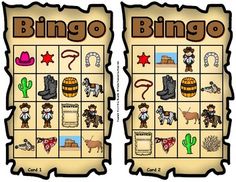 two game boards with cowboy themed images on the front and back sides, each showing different items