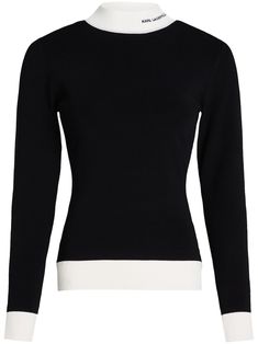 black/white recycled viscose knitted construction jacquard logo motif contrasting ribbed trim mock neck long sleeves straight hem This item is made from at least 50% recycled or upcycled materials. For recycled synthetic clothing products, we highly recommend using a microfibre-catching washing bag to ensure that no microplastics that can pollute water are released in the process. Learn more about what makes a product Conscious on our Conscious Criteria page Karl Lagerfeld Sweater, Chunky Knit Jumper, Latest Sweater, Upcycled Materials, City Dress, Summer Beach Wear, Ribbed Sweater, Knit Jumper, Knitwear Women