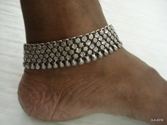 "vintage Antique tribal old silver ANKLET feet bracelet pair from Rajasthan India. Worn by tribal people of Rajasthan India. good flexible, worn from years of use. Great piece for tribal style belly dance or ethnic jewellery collector. Note - If you combine both anklet you can use as a necklace. length - 24.6 cm(9.68\") we can adjust the length. width max. - 2.6 cm(1\") weight for pair - 224 grams material - Silver & original old worn pair." Feet Bracelet, Foot Bracelet, Silver Anklet, Ankle Chain, Silver Anklets, Rajasthan India, Bracelet Vintage, Ethnic Jewelry, Belly Dance