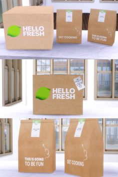 the packaging design for hello fresh is shown in three different ways, including green and white