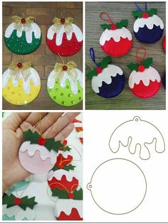 christmas ornaments made out of felt are shown in three different pictures, including one with holly leaves and the other with red berries