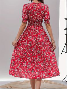 Floral Print Crew Neck Dress, Elegant Short Sleeve Waist Slimming A-line Dress For Spring, Women's Clothing Floral Print Fit And Flare A-line Mini Dress, Flowy A-line Floral Dress, A-line Fit And Flare Mini Dress For Garden Party, Red A-line Floral Dress For Summer, Casual Non-stretch A-line Maxi Dress, Non-stretch A-line Sundress Midi Dress, Casual Flowy A-line Sundress, Casual A-line Floral Dress For Garden Party, Casual Empire Waist Dress For Garden Party