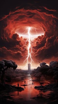 a painting of a tower in the middle of a cloudy sky with lightning coming from it