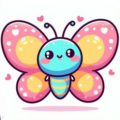 a cartoon butterfly with hearts on it's wings and one eye closed, sitting in front of a white background