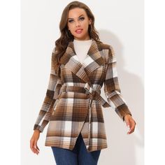 The shawl lapel collar and wrap design with belt help create the sophisticated timeless plaid coat for this cool and cold season. Cut from a soft fabric with a plaid pattern for an elegant look, this wrap-style winter coat pairs beautifully with a range of tops and bottoms or dresses for a casual stylish look. Two side pockets, turndown cuffs, and lines ensure all-day comfy wear. Add a chic and elegant feel to your winter look with this timeless wrap coat. Chic Plaid Long Coat, Fall Wrap-style Belted Outerwear, Fall Belted Wrap Outerwear, Belted Wrap Outerwear For Fall, Brown Plaid Coat, Plaid Wrap Coat, Plaid Winter Coat, Plaid Trench Coat, Comfy Wear