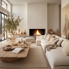 a living room filled with furniture and a fire place in the middle of the room