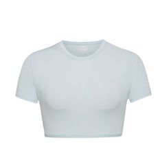 A Form-Fitting Crew Neck With Buttery Soft Feel, This Is A Flattering Crop T-Shirt Option To Wear Alone Or Styled With Other Pieces. High Neck Crewline, Super Cropped, Slim Fit, Short Sleeves 76% Polyamide / 24% Elastane Machine Wash Cold, Non Chlorine Bleach, Cool Iron, Do Not Dry Clean Imported Basic Short Sleeve Workout Top, Seamless Crew Neck Summer Activewear, Summer Seamless Crew Neck Activewear, Basic Summer Tops With Medium Support, Short Sleeve Cropped T-shirt For Workout, Medium Support Cropped Top For Spring, Seamless Crew Neck Activewear For Summer, Athleisure Medium Support Crop Top, Solid Color Cropped T-shirt For Workout