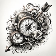 an artistic drawing of a compass and flowers