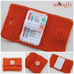 an orange crocheted wallet with buttons and other items to make it look like they have toothbrushes in them