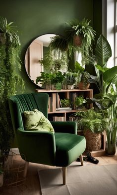 a green chair in front of a round mirror and potted plants on the wall