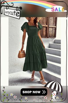 Army Green Square Neck Puff Sleeve Pleated Casual Dress Casual Puff Sleeve Dress For Fall Brunch, Casual Fall Puff Sleeve Dress For Brunch, Casual Fall Brunch Puff Sleeve Dress, Casual Solid Color Midi Puff Sleeve Dress, Casual Puff Sleeve Midi Dress In Solid Color, Casual Solid Color Puff Sleeve Dress, Casual Solid Color Puff Sleeve Midi Dress, Casual Puff Sleeve Midi Dress Solid Color, Casual Puff Sleeve Midi Dress For Fall