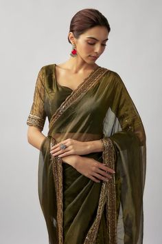 Mehendi green tissue organza saree with cutdana hand embroidery. Comes with a padded blouse and an underskirt. - Aza Fashions Tissue Organza Saree, Saree Ideas, Padded Blouse, Blouse For Women, Organza Saree, Work Sarees, Saree With Blouse, Aza Fashion, Hand Embroidered