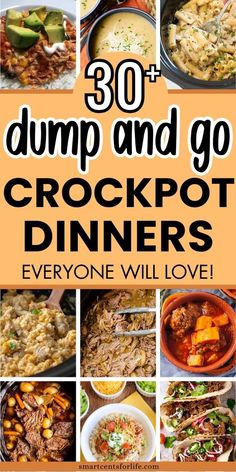 image with many crockpot dinner ideas and mentioning 30_ dump and go crockpot dinners Dump And Go Crockpot Dinners, Easy Crockpot Dump Meals, Slow Cooker Recipes Family, Crockpot Dinner Ideas, Dump And Go Crockpot, Crockpot Dinner Recipes