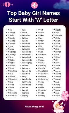 Baby Girl Names Start With 'W' Letter Letter With Meaning, Best Baby Girl Names, W Names, Top Baby Girl Names, Best Girl Names, Cool Baby Girl Names, Names Starting With S, Babies Names