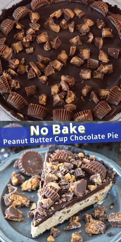 no bake peanut butter cup chocolate pie on a blue plate with text overlay