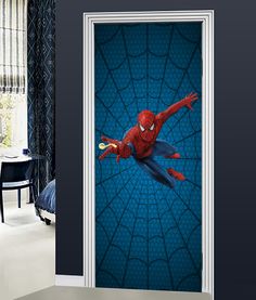 an open door with the image of spider man on it