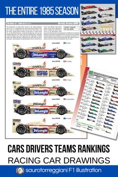 an advertisement for cars drives teams ranks racing car drawings, with the title in blue and white