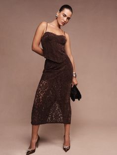 Better together. Shop the Tommen Two Piece from Reformation, a two-piece lace set with a sleeveless top and matching midi skirt. Deadstock Fabric, Dark Mahogany, Lace Set, Better Together, New Tops, Sustainable Clothing, Skirt Pants, Sweetheart Neckline, Vintage Collection