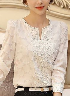 Buy Blouse, Long Sleeve Blouses, Women Blouses Fashion, Kurta Neck Design, Fashion Tops Blouse, Elegant Blouses, Lace Shirt, White Blouse