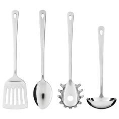 three spoons, two forks and one spatula are lined up in a row