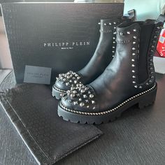 New With Tags Size Eu 38.5 Im Us Size 8.5 And They Fit Small, So I Think They Will Fit Perfect Size 8. Retail Price $950 Made In Italy High Quality Leather Boots Philipp Plein Shoes, Quality Leather Boots, Black Tweed, Philipp Plein, High Quality Leather, Black Boots, Leather Boots, In Italy, Women Shoes