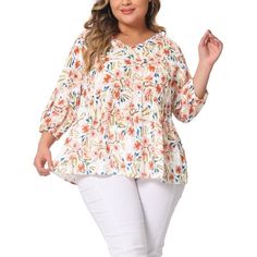 This chic blouse features soft fabric and a charming floral print, ideal for adding a romantic touch to your outfits. It pairs effortlessly with shorts and flats for a stylish and effortless look. Elevate your wardrobe with this versatile and elegant piece. Perfectly suited for casual days at the beach, weekends, tea time, or family gatherings. Please check your measurements to make sure the item fits before ordering. Measurement (in inches) International Size----------Length----------Shoulder W Plus Size Babydoll, Babydoll Tops, Retro Elements, Casual Blouses, Floral Peplum Top, Babydoll Style, Casual Long Sleeve Shirts, Chic Blouses, Peplum Blouse