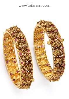 22 Karat Gold "Lakshmi - Peacock" Kada With Color Stones - Set of 2 (1 Pair) - Temple Jewellery - 235-GK669 - in 57.300 Grams for USD $4498.09. 
Made in India by Totaram Jewelers Online this product is in Gold - 22 Karat BIS Hallmark 916 KDM Gold  & is an excellent gift for Adult - Women. Ships fully insured with secured guaranteed delivery for free with your order over $250 from New Jersey USA & comes with 30 days exchange policy. 22k Gold Bollywood Jhumkas With Peacock Design, Traditional 22k Gold Jhumkas With Peacock Design, Diwali 22k Gold Peacock Jhumkas, 22k Gold Peacock Design Jhumkas For Wedding, 22k Gold Temple Jewelry Jhumkas With Peacock Design, 22k Gold Jhumkas With Peacock Design For Wedding, Festive Gold Bangle With Peacock Design, Gold Peacock Design Jhumkas In 22k Gold, Gold Jhumkas With Peacock Design In 22k Gold