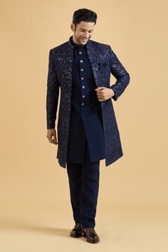 Navy blue sherwani featuring floral thread embroidery all over highlighted with sequin. Paired with a solid kurta and a pant. - Aza Fashions Navy Blue Sherwani, Floral Thread Embroidery, Collar Kurta, Blue Sherwani, Silk Kurta, Thread Embroidery, Embroidered Silk, Pocket Square, Aza Fashion