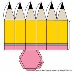 a pink and yellow pencil holder with eight colored pencils in the bottom row, on top of each other